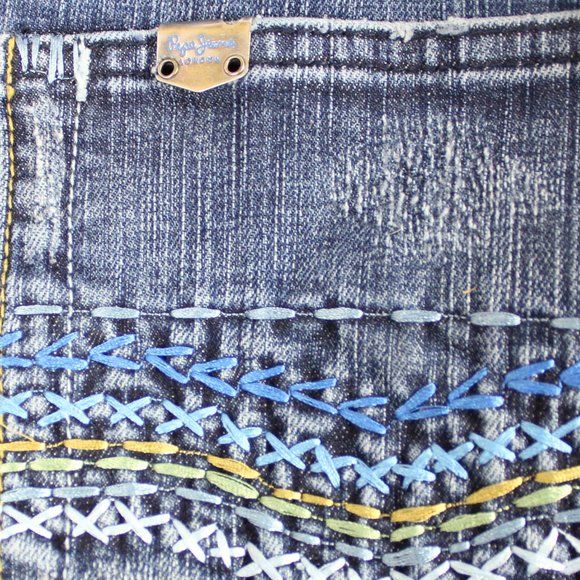 Pepe Jeans London Distressed Blue Fade Vintage Pocket Folk Art Boot, Size 12 - Picture 11 of 12